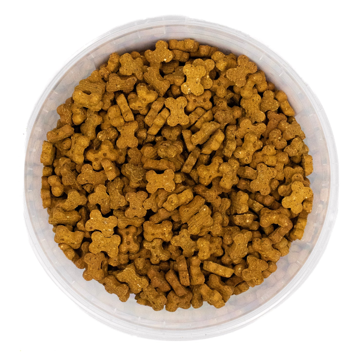 Brown bone-shaped dog cheese treats, filling a clear plastic round container, shown from a top-down view on a white background.