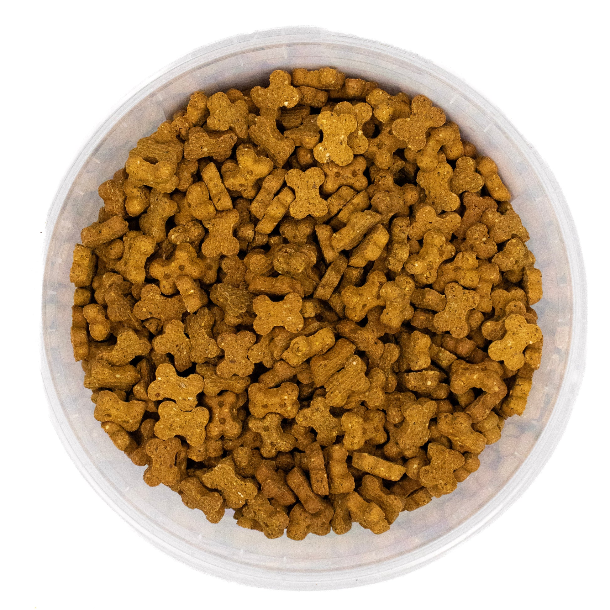 Brown bone-shaped dog cheese treats, filling a clear plastic round container, shown from a top-down view on a white background.