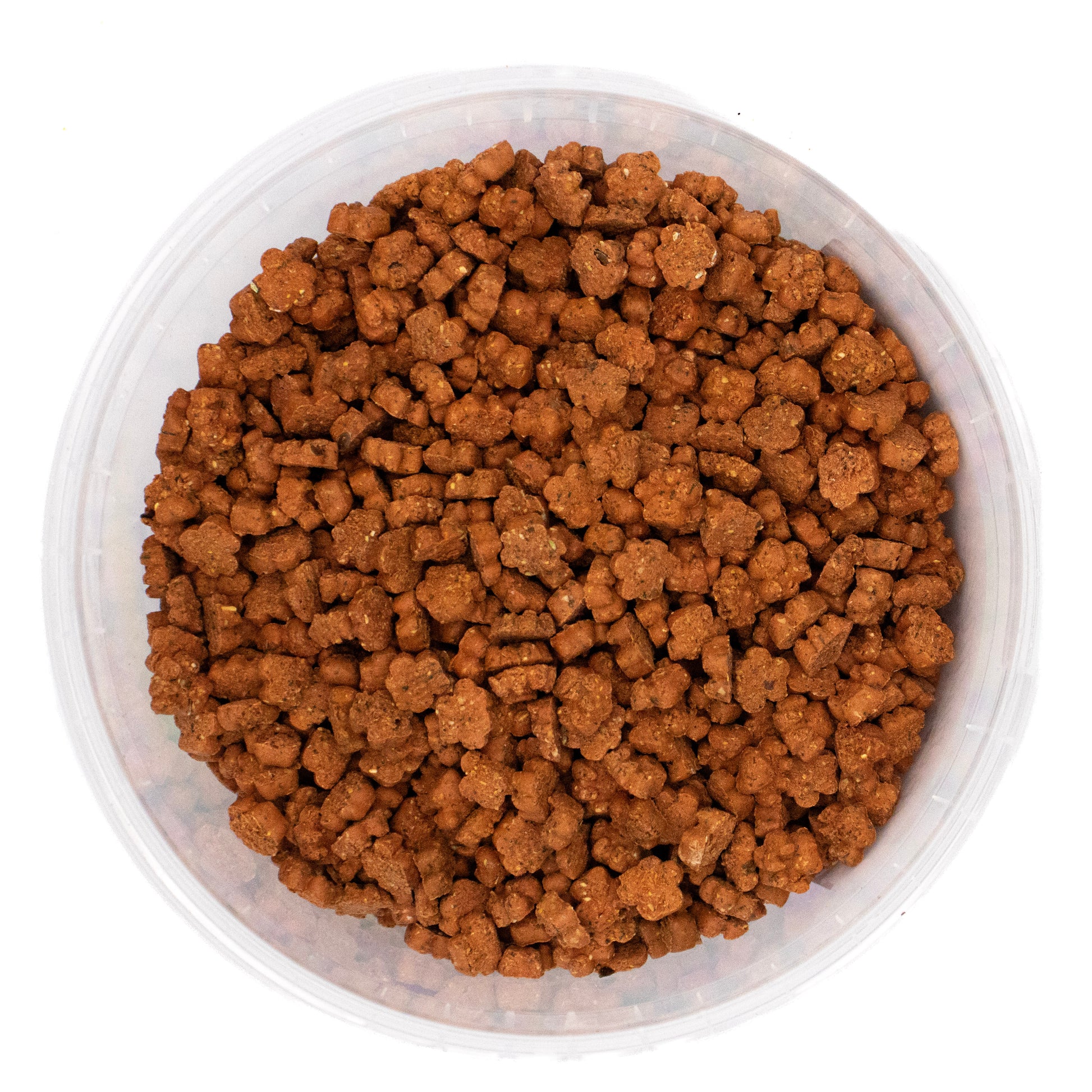 Clear container filled with red paw shaped treats, Betty Miller Salmon & Dill on a white background