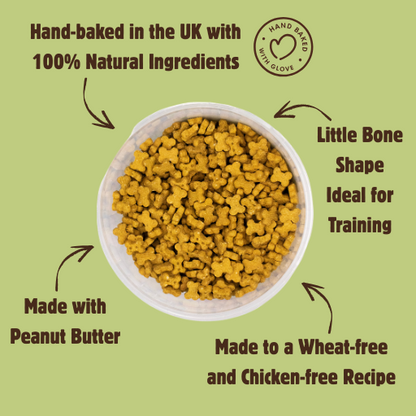 A bowl of yellow-brown bone-shaped dog treats centered on a light olive-green background with surrounding text callouts and a circular 'Hand Baked with Glove' logo.